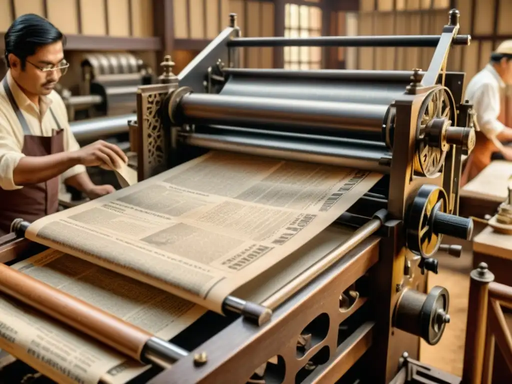 Una prensa de periódico vintage en acción, rodeada de trabajadores en atuendos tradicionales, bañada en cálidos tonos sepia