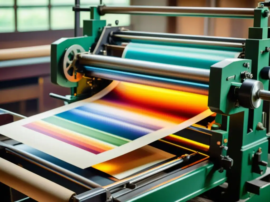 Una prensa de impresión vintage en acción, con tintas ecológicas vibrantes transferidas al papel