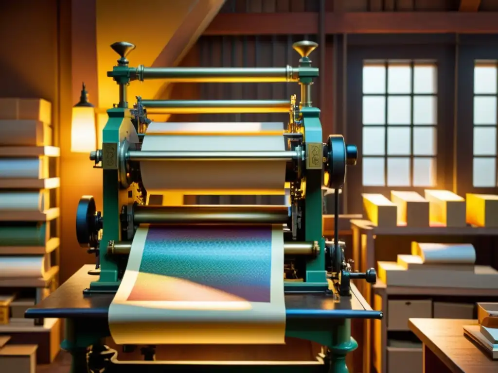 Una prensa de impresión vintage en un estudio acogedor, iluminado con luz tenue, rodeada de papel de embalaje colorido