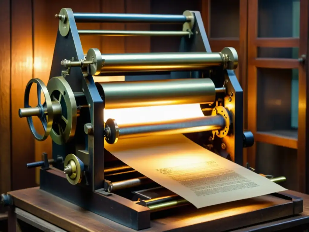 Una prensa vintage iluminada por luz cálida, con detalles de madera y metal envejecido, listos para imprimir con tintas ecológicas en papel reciclado