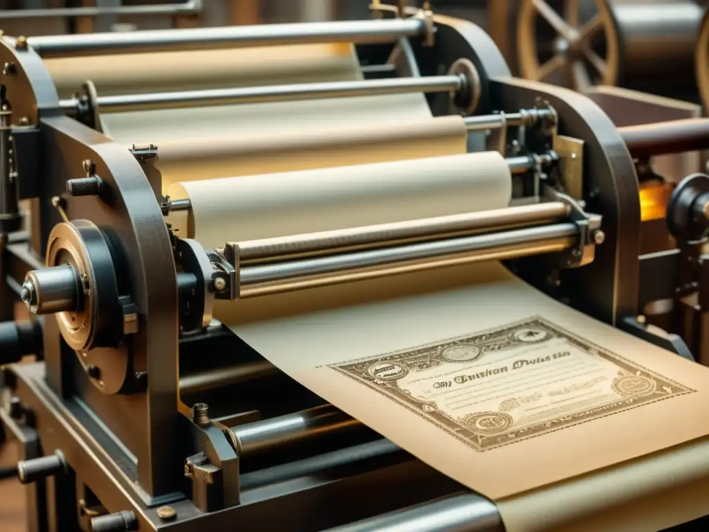 Una prensa de impresión vintage en acción, mostrando la evolución del papel en la tecnología con detalles intrincados y una estética nostálgica