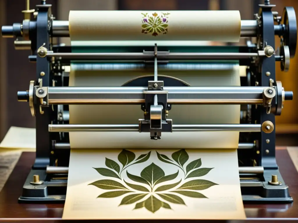 Grabado floral en prensa vintage: belleza natural Una prensa de impresión vintage en acción, imprimiendo patrones florales con tinta de semillas florecientes, evocando tradición y belleza natural