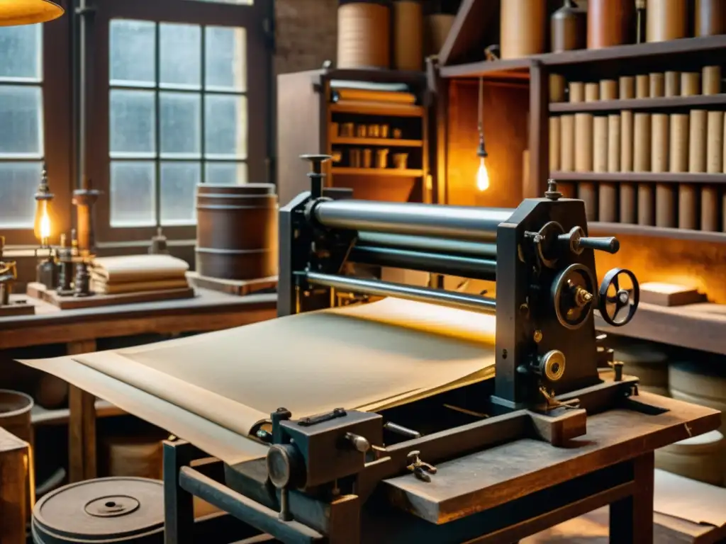 Una prensa de impresión vintage en un taller antiguo, iluminado cálidamente