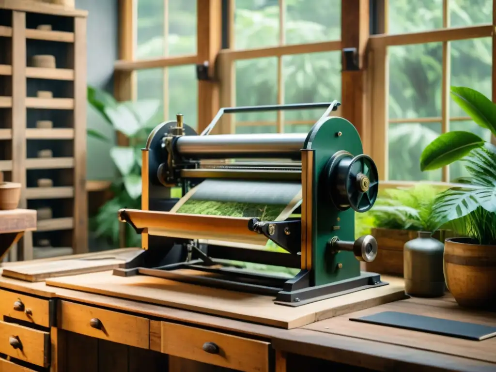 Una prensa vintage en un taller ecoamigable, rodeada de plantas verdes, iluminada por luz natural