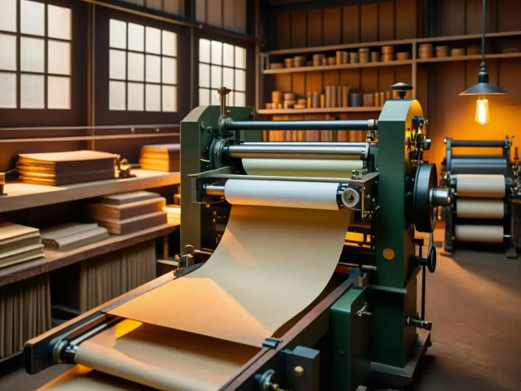 Una prensa de impresión vintage en un taller tenue, rodeada de pilas de papel personalizado en diversos colores y texturas