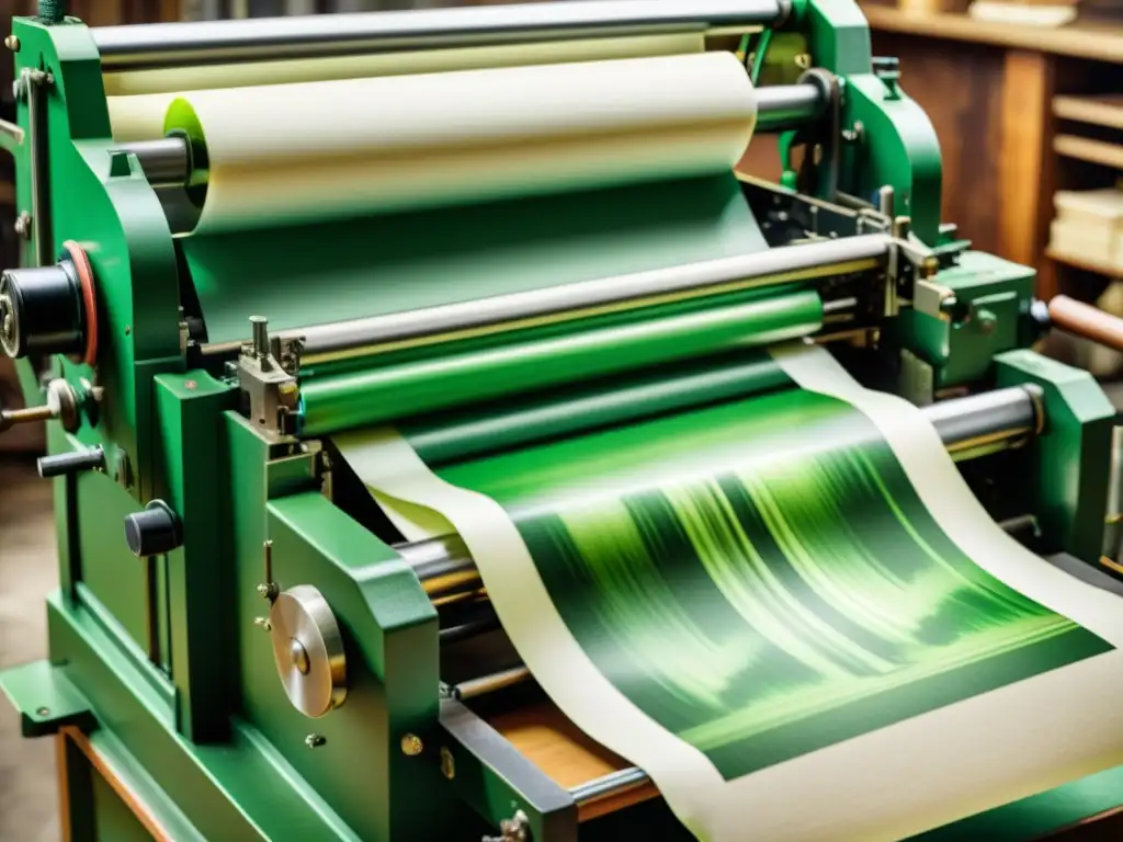 Una prensa de impresión vintage en acción, transfiriendo tinta ecológica verde vibrante sobre papel