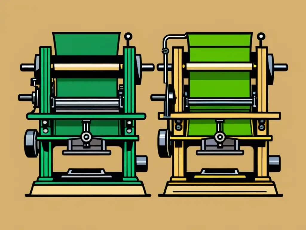 Dos prensas de impresión, una con tintas vegetales en tonos verdes vibrantes y la otra con tintas tradicionales en un ambiente nostálgico y detallado