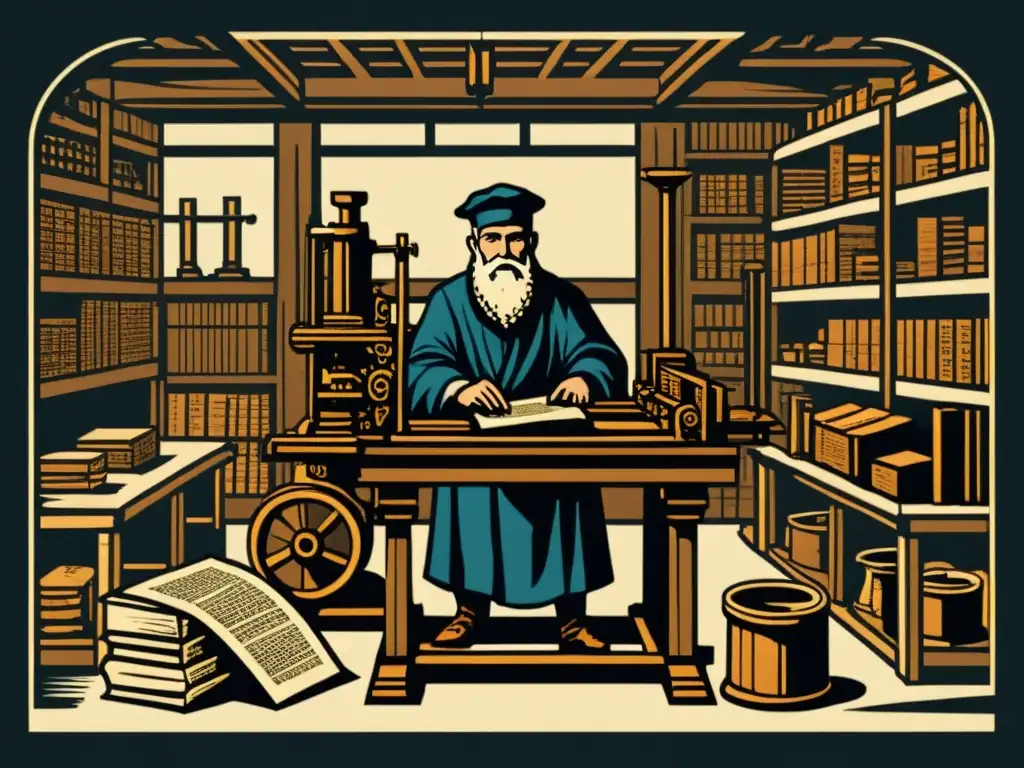 Johannes Gutenberg opera la primera imprenta, rodeado de páginas impresas y bloques de tipos móviles en un taller medieval