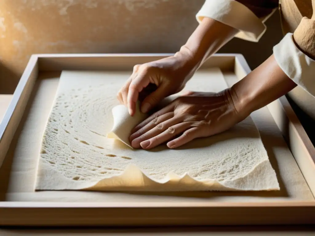 Proceso artístico de fabricación de papel con textura técnica artística capturando la esencia vintage y el cuidado artesanal en tonos cálidos