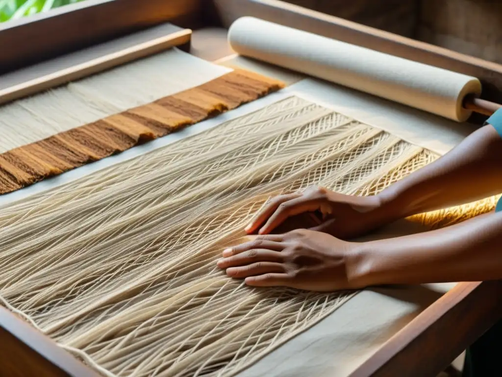 Proceso detallado de fabricación de papel amate, mostrando textura y herramientas tradicionales, en tonos cálidos y evocando historia y artesanía