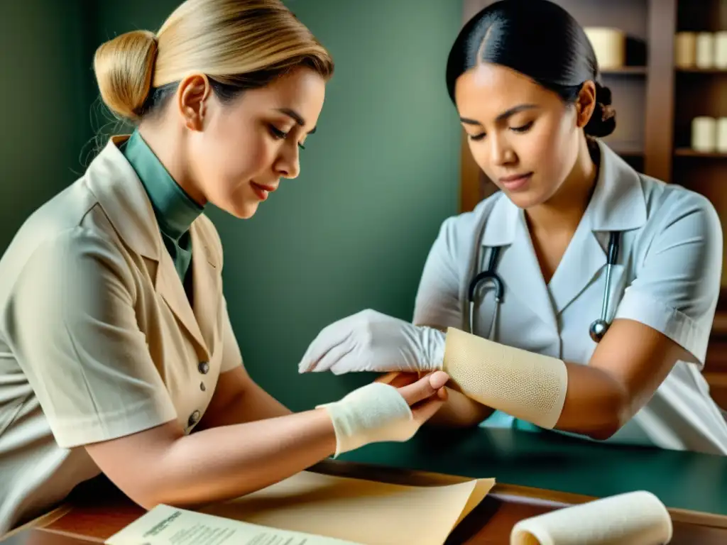 Un profesional médico aplica un vendaje de papel a una herida en un entorno histórico, destacando las innovaciones en vendajes de papel