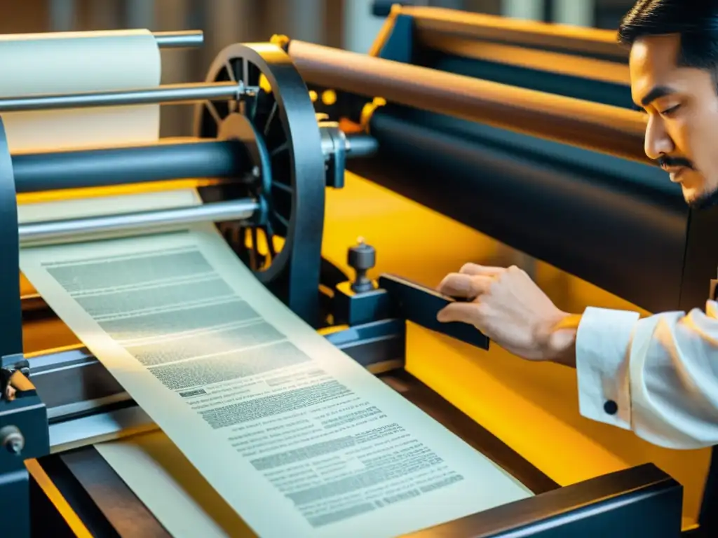 Blockchain y la prensa tradicional: evolución en papel Un profesional inspecciona papel impreso en una prensa vintage, con tecnología blockchain integrada