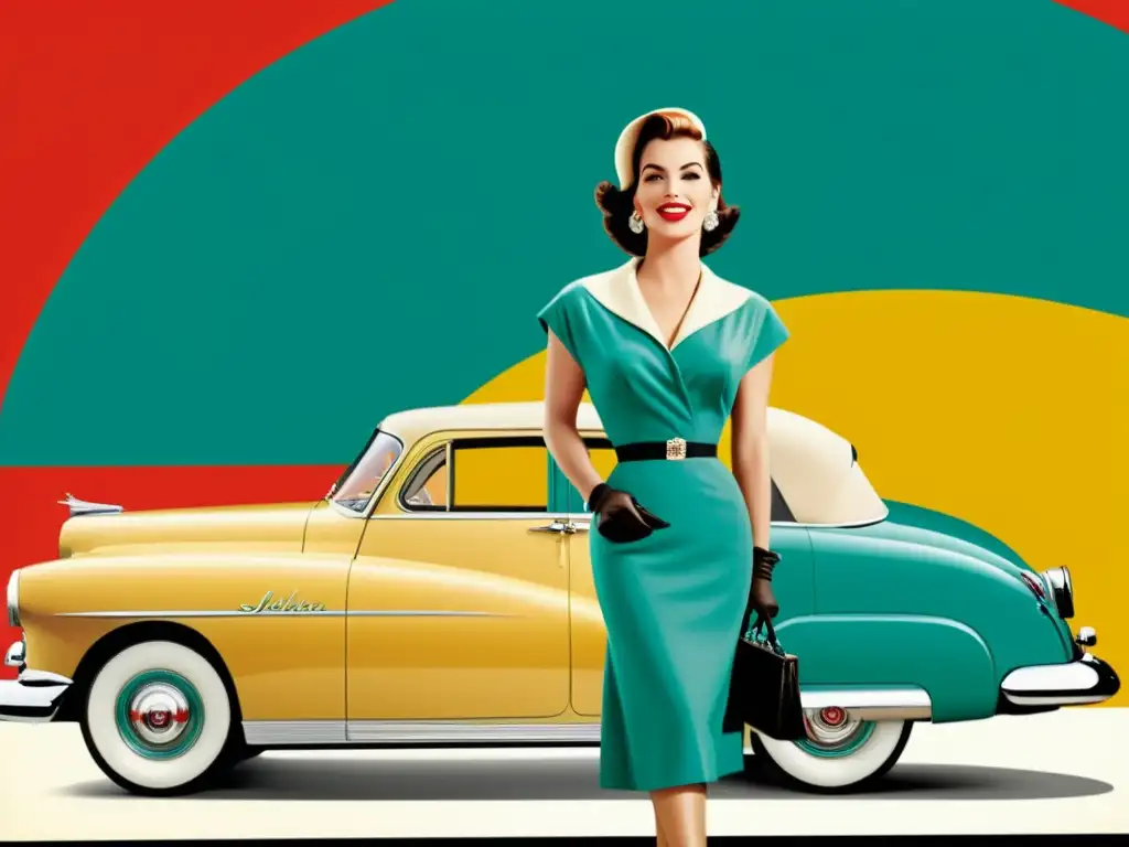 Publicidad impresa en la era digital: Anuncio vintage de los años 50 con una mujer glamorosa y un elegante auto retro