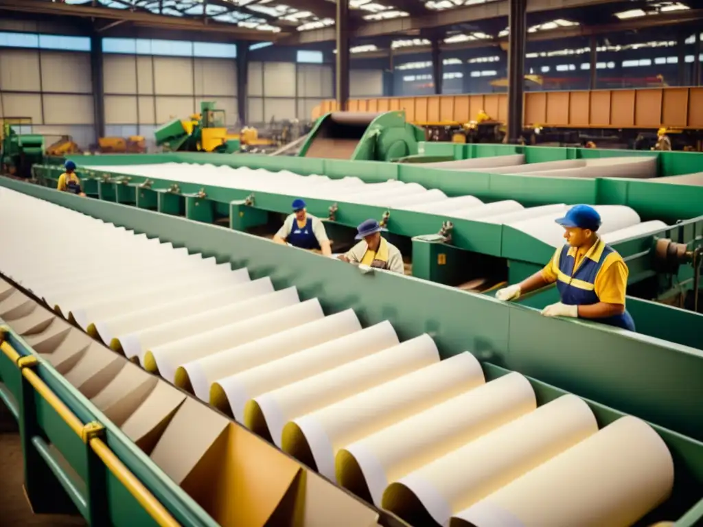 Un reciclaje de papel con técnicas innovadoras en una planta vintage, donde los trabajadores clasifican el material entre maquinaria antigua