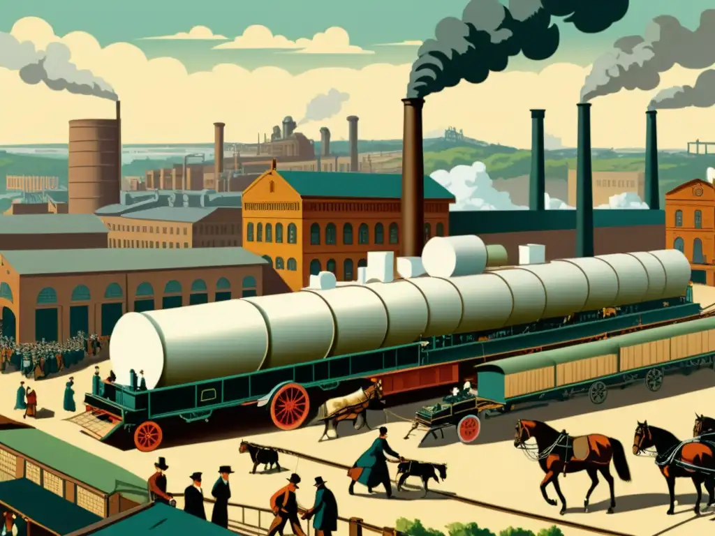 Red distribución papel revolución: Ilustración vintage de una red industrial de distribución de papel en la era victoriana, con carruajes y trenes a vapor transportando rollos de papel