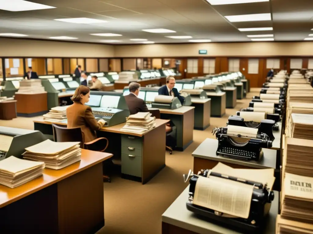 Una fotografía vintage de una redacción bulliciosa del siglo XX, con periodistas y editores trabajando entre periódicos y máquinas de escribir