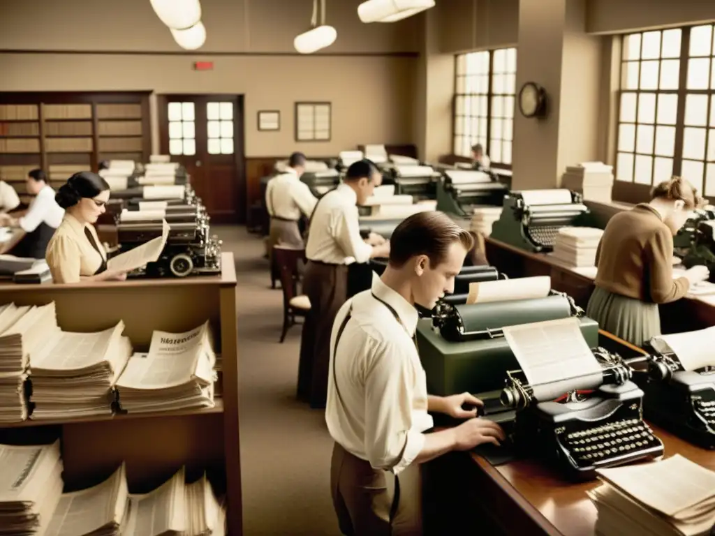 Una fotografía de alta resolución estilo vintage de una bulliciosa redacción de periódico de principios del siglo XX, con periodistas escribiendo en máquinas de escribir, pilas de periódicos y viejas prensas en el fondo