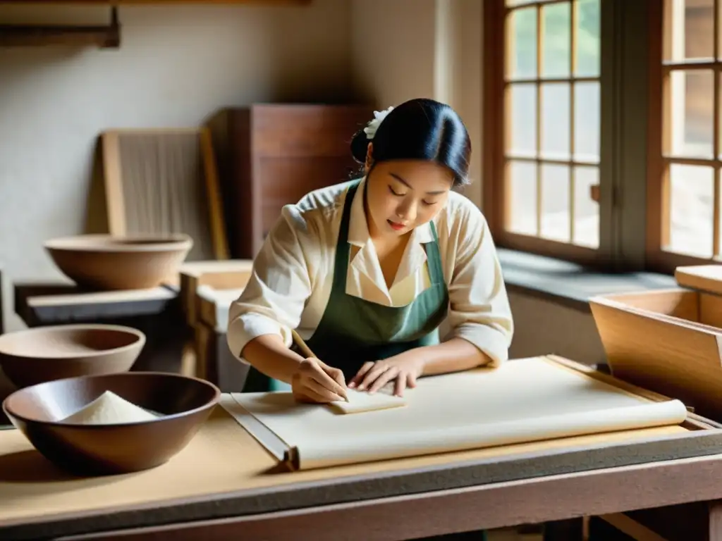 Una fotografía vintage de alta resolución muestra un taller de fabricación de papel tradicional, con artesanos utilizando técnicas antiguas