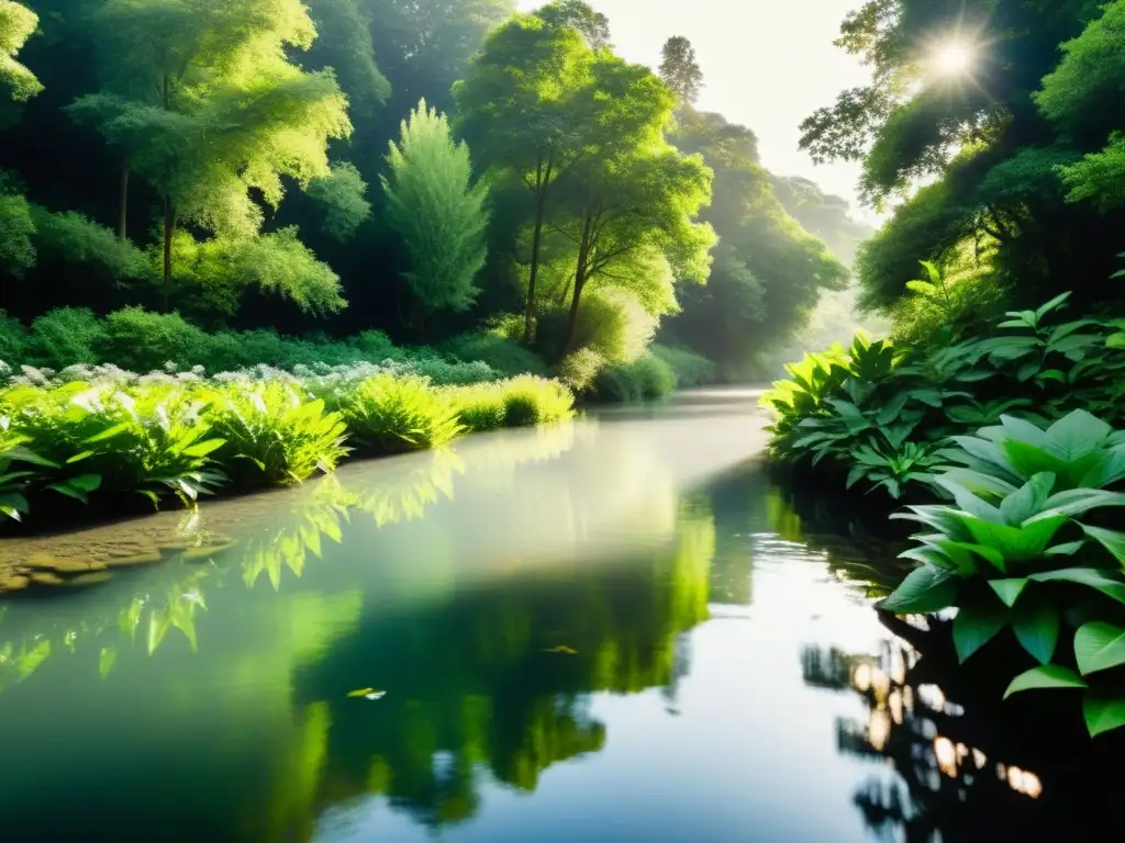 Un río tranquilo rodeado de exuberante vegetación, con agua cristalina y peces nadando