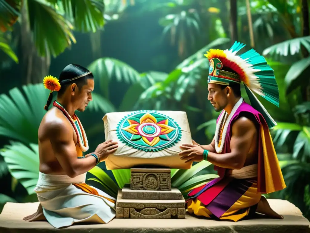 Rituales de ofrendas de papel en antigua ceremonia maya con sacerdotes y coloridos artefactos sobre altar de piedra en la jungla