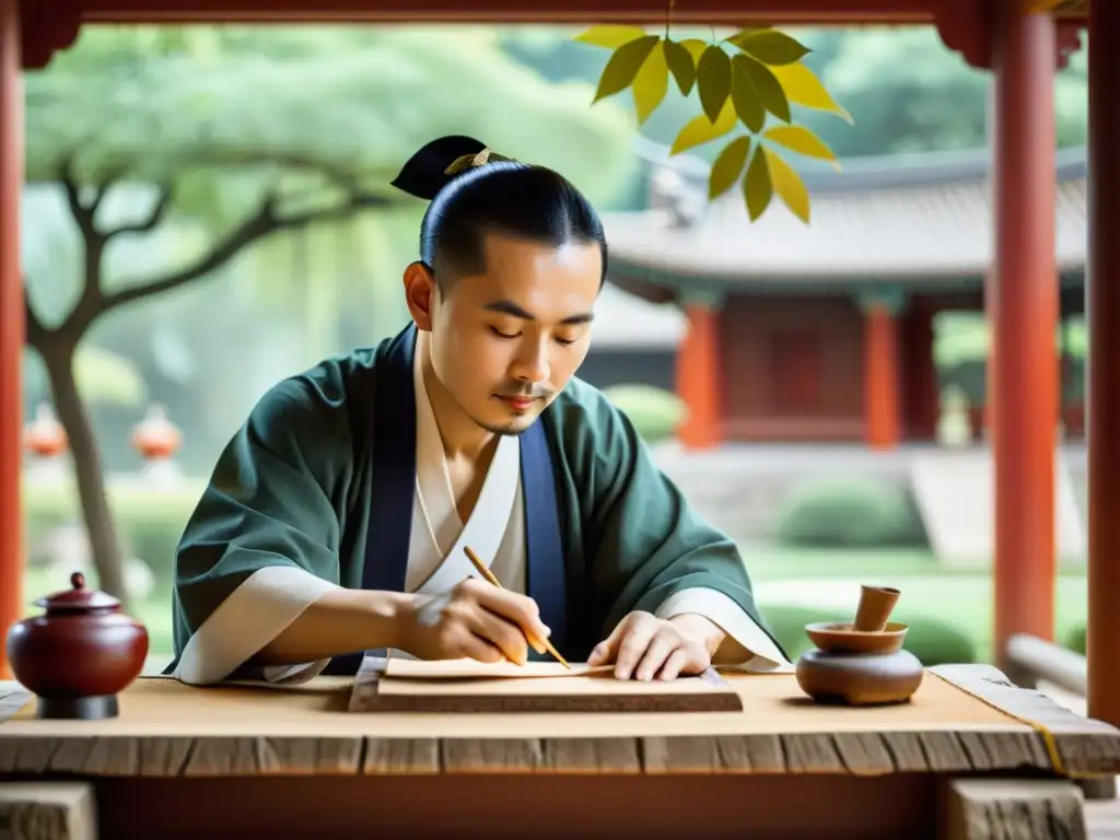 Artesano chino elaborando papel de morera en jardín ancestral Un sabio chino crea papel de morera en un jardín tradicional, evocando historia y artesanía