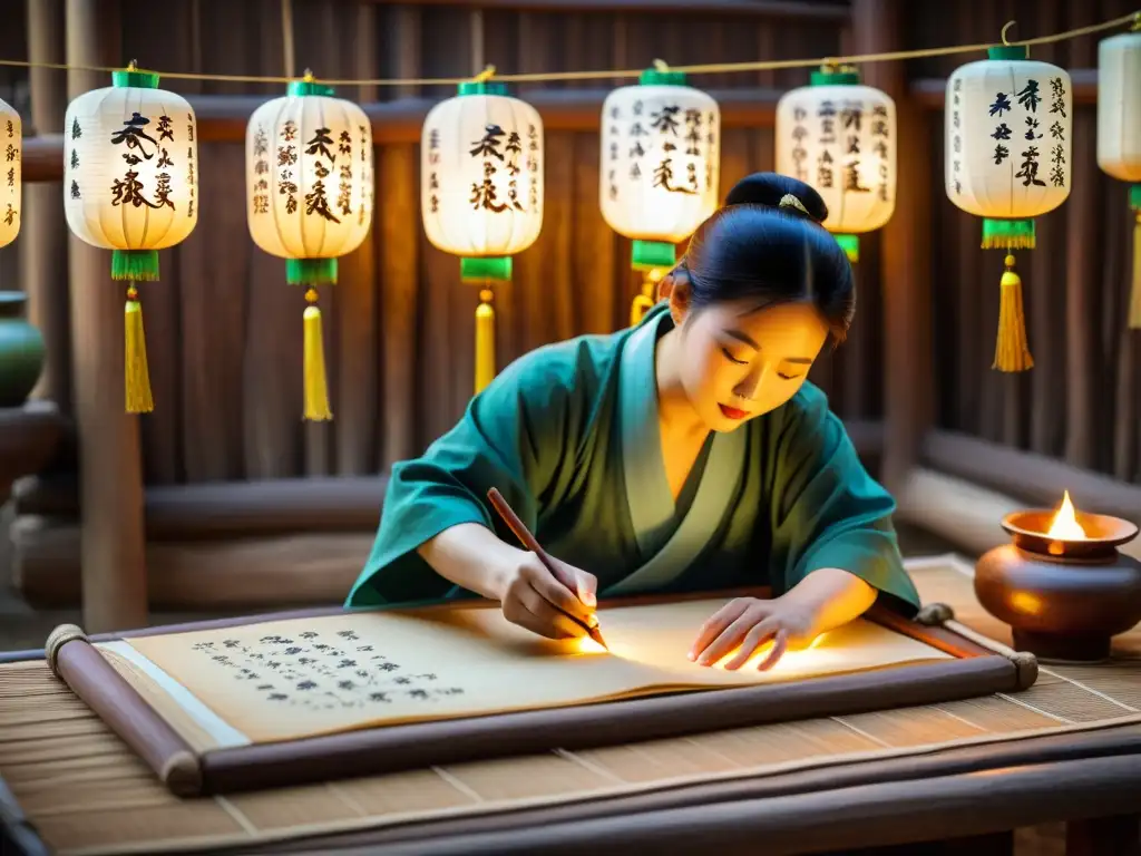 Un sabio chino elabora papel tradicional con destreza, iluminado por cálidas linternas