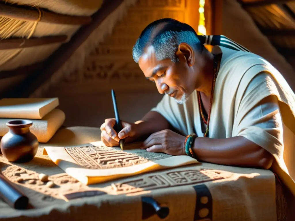 Un sacerdote maya cuidadosamente inscribe jeroglíficos en un pergamino, rodeado de herramientas tradicionales