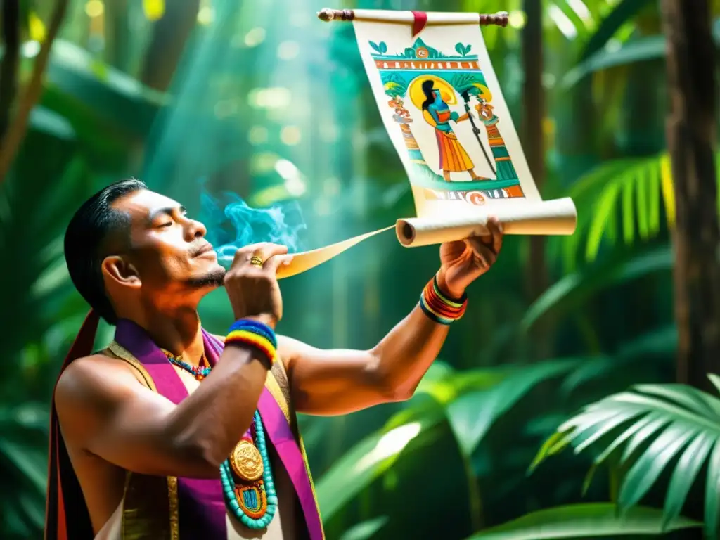 Un sacerdote maya realiza un ritual con un pergamino decorado, rodeado de la exuberante selva