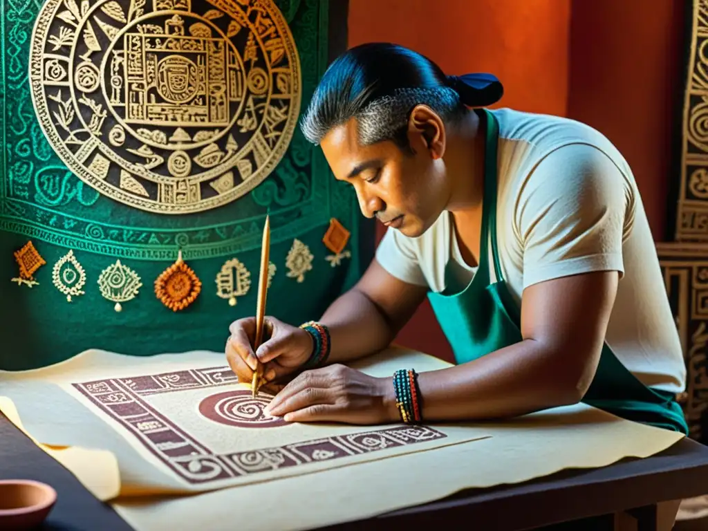 Un sacerdote maya pinta símbolos en papel hecho a mano, en una habitación adornada con arte colorido