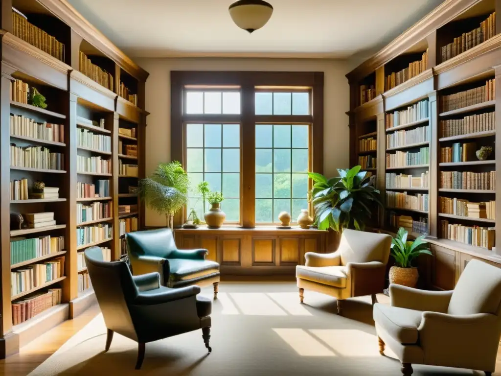 Sala de lectura vintage en biblioteca, con libros antiguos y muebles de madera