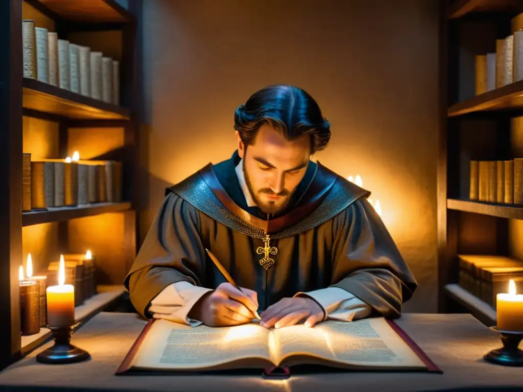 En un scriptorium medieval, los escribas copian textos meticulosamente a mano en pergamino, iluminados por la tenue luz de las velas