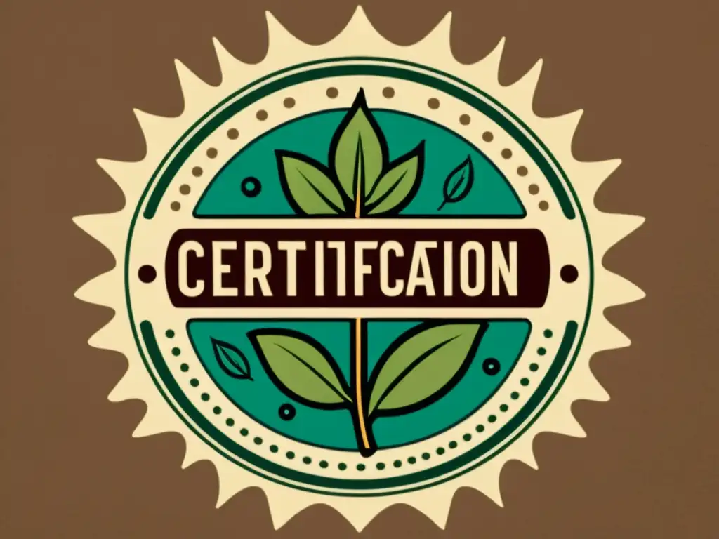 Sello de certificación ecológica con detalles naturales en tonos ricos Un sello de certificación vintage con detalles botánicos y ecológicos en tonos terrosos, evocando autenticidad