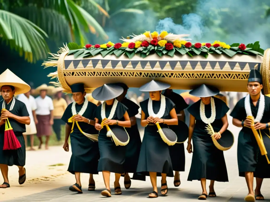 Procesión solemne durante un ritual funerario maya, con papel en rituales funerarios mayas y artesanos elaborando papel fibroso