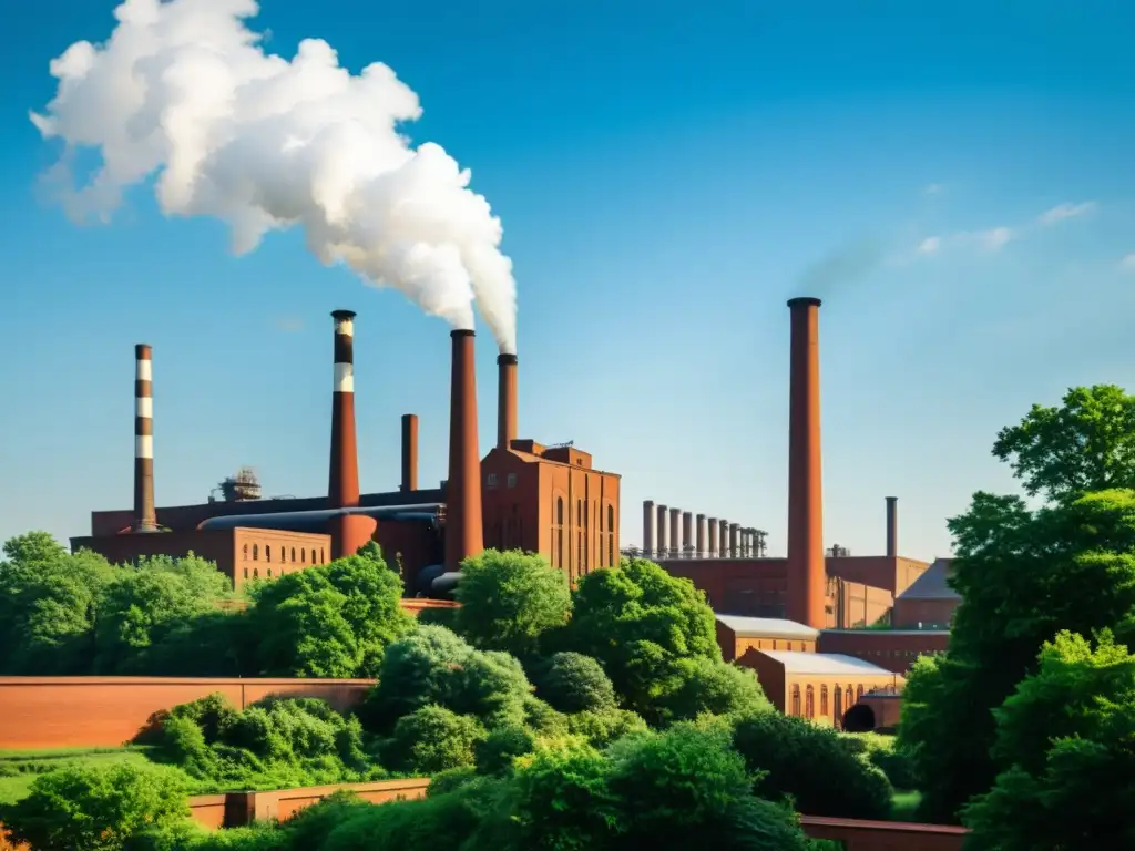 Producción sostenible de papel biodegradable en una fábrica vintage rodeada de naturaleza y cielo azul