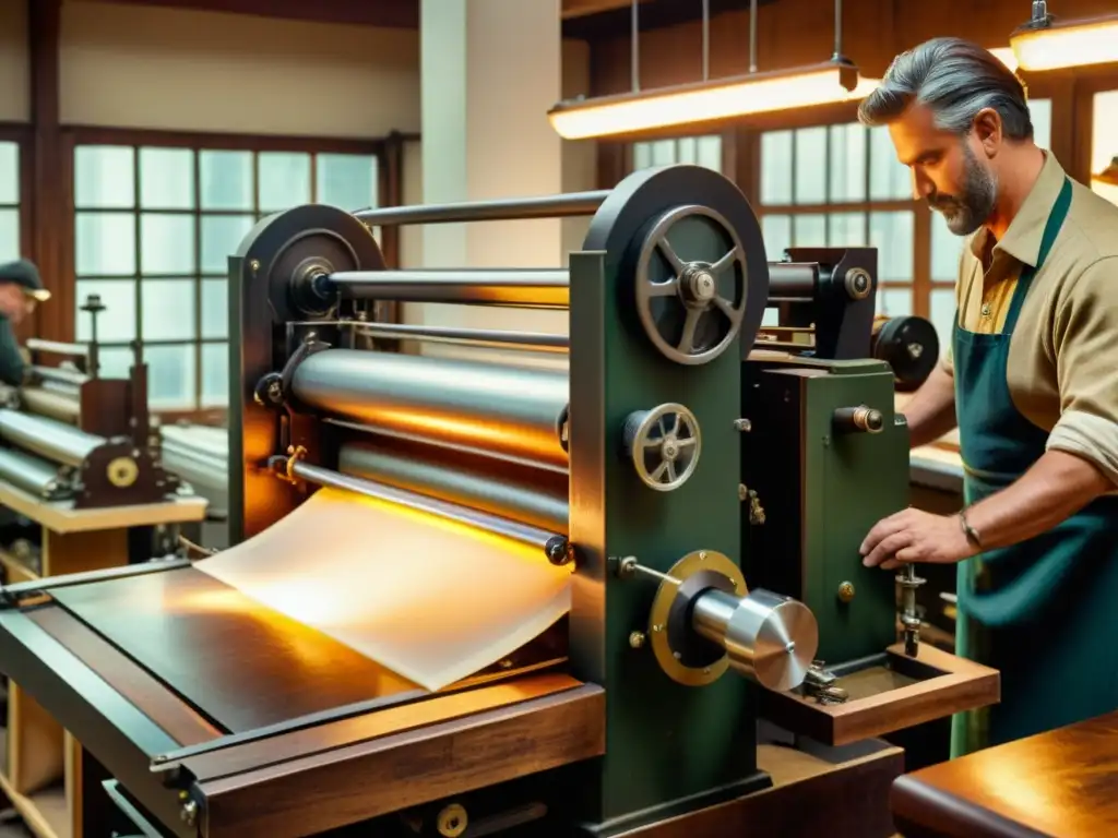 Un taller de impresión de alta gama con trabajadores ajustando y revisando cuidadosamente la maquinaria vintage