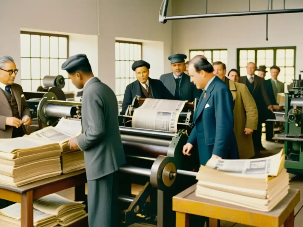 Un taller de imprenta vintage: trabajadores tiposetando y imprimiendo materiales, con periódicos y panfletos esparcidos