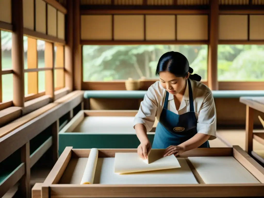 Un taller tradicional de fabricación de papel en Asia, capturando la evolución del papel en Asia con artesanos expertos y un ambiente vintage