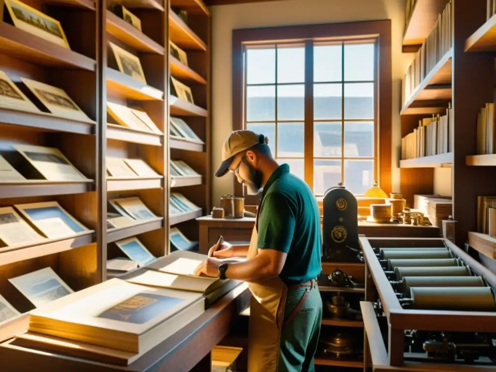 Un taller de impresión vintage con estantes de madera repletos de ediciones limitadas y prensas antiguas al fondo