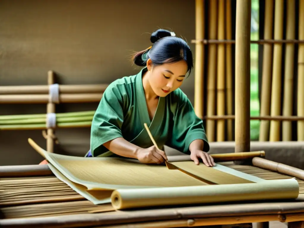 Técnica ancestral de fabricación de papel de bambú por artesano chino