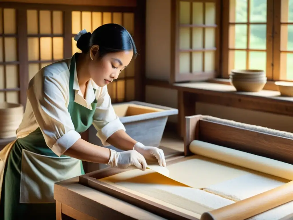 Artesanos creando papel en taller tradicional Técnicas ancestrales de fabricación de papel: artesanos elaborando papel a mano en un taller tradicional, resaltando la artesanía y la historia