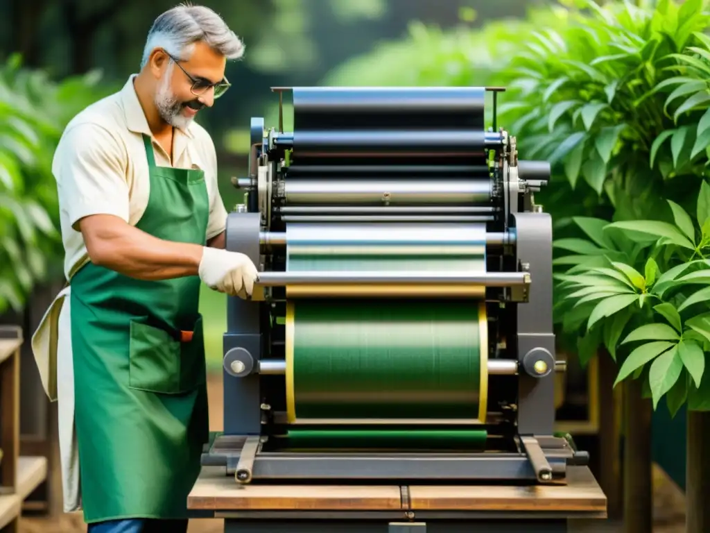 Un técnico carga tintas ecológicas en una vieja imprenta rodeada de vegetación, simbolizando la revolución ecoconsciente en la impresión