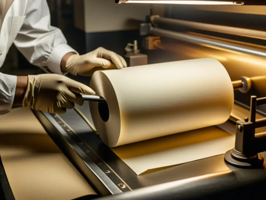 Un técnico inspecciona con cuidado un rollo de papel fotográfico en una oscura habitación vintage, creando una atmósfera nostálgica y atemporal