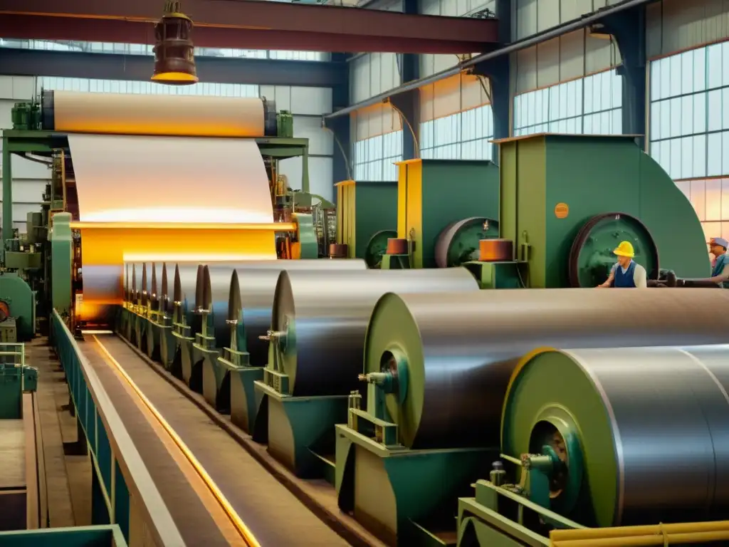 Tecnologías para fabricación papel reciclado: una imagen vintage de una fábrica de papel con trabajadores supervisando maquinaria industrial