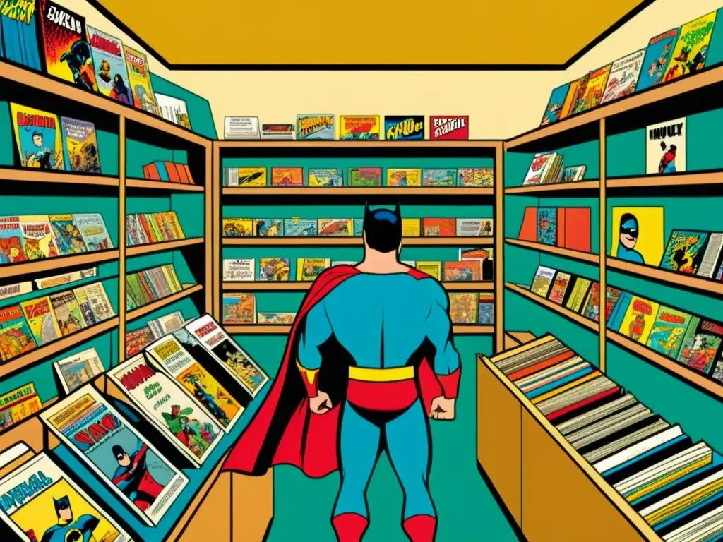 Tienda de cómics vintage con clientes entusiastas explorando estantes llenos de clásicos, reflejando el papel en la revolución del cómic