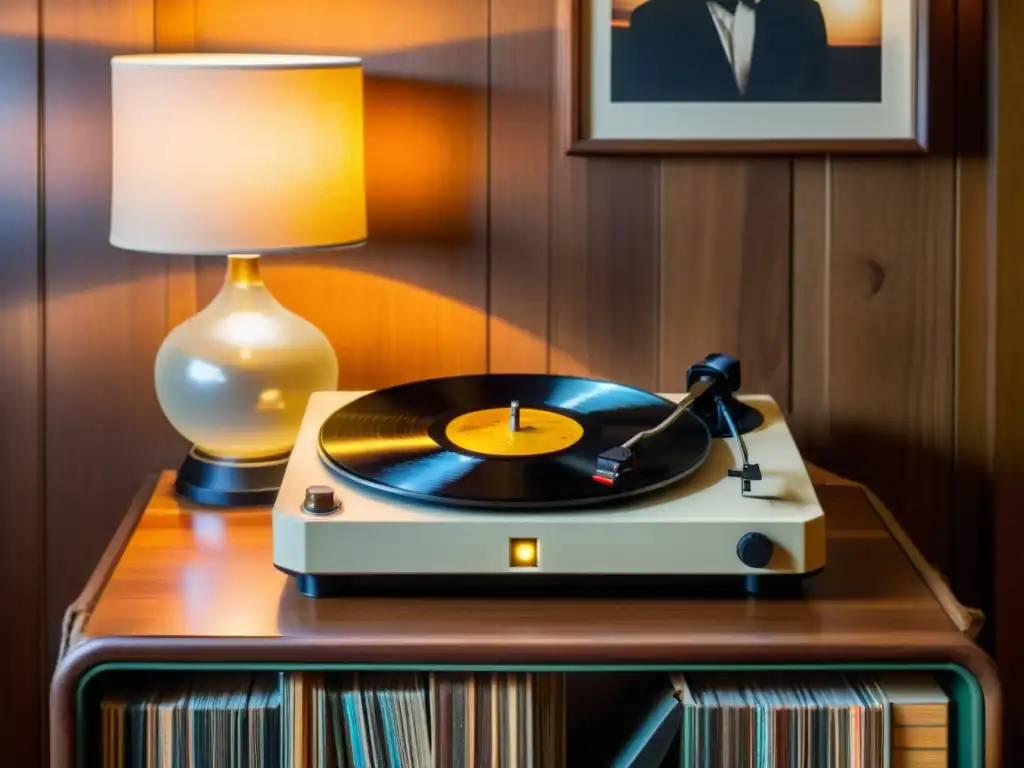 Un tocadiscos vintage con vinilos y una lámpara de Edison crea una atmósfera nostálgica