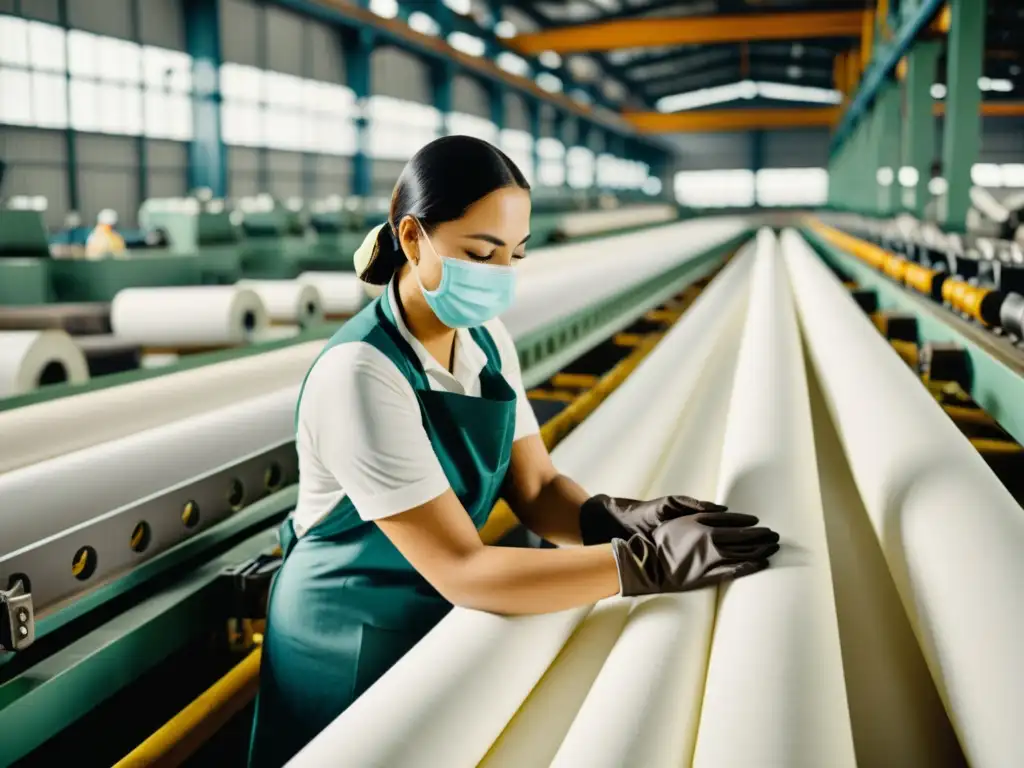 Un trabajador de fábrica de papel inspecciona la línea de producción con máscara y guantes, destacando la higiene en la producción papelera