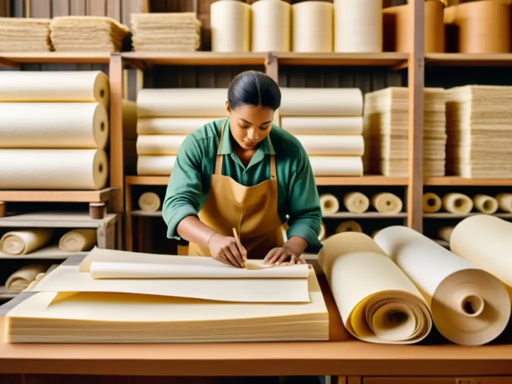 Un trabajador de la fábrica de papel vintage inspecciona cuidadosamente papel sostenible, rodeado de materiales naturales