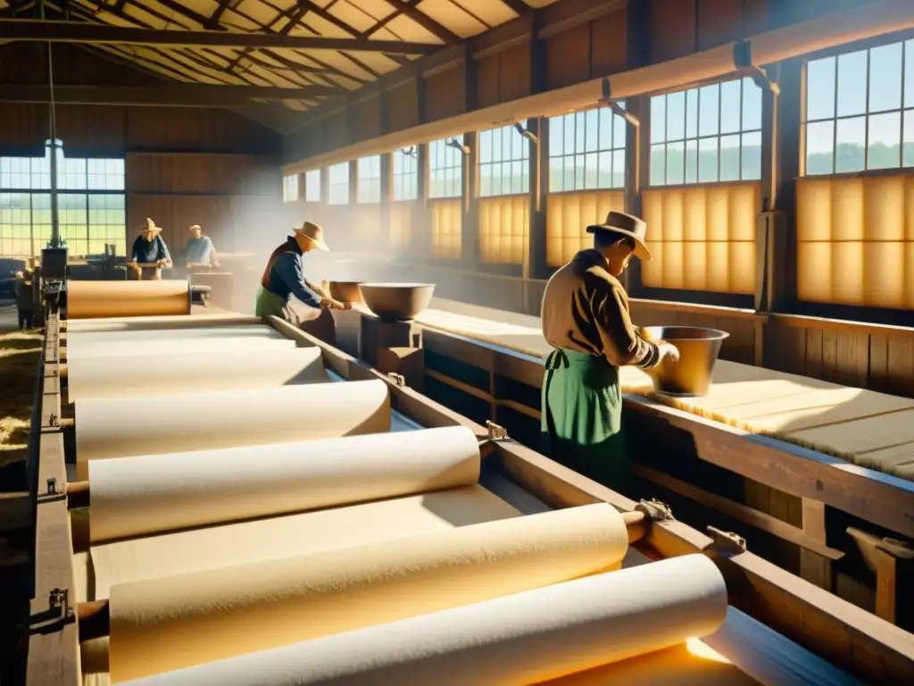 Trabajadores en una antigua fábrica de papel artesanal, sumergidos en el proceso de producción, bañados por cálida luz dorada