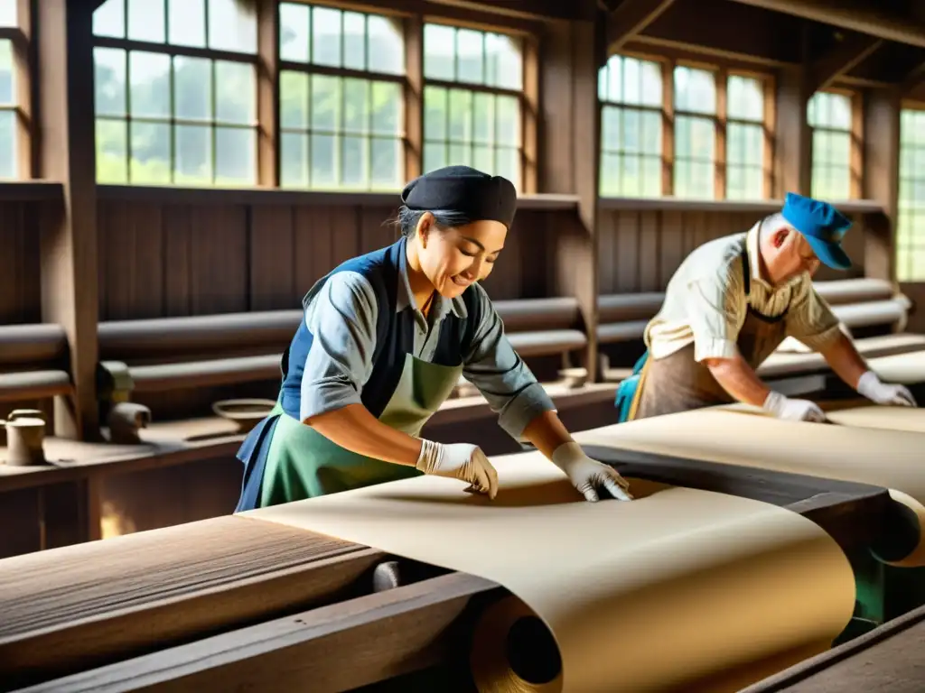 Trabajadores en una antigua fábrica de papel reciclado bioenergía, con maquinaria de madera y luz natural, creando una atmósfera cálida y nostálgica