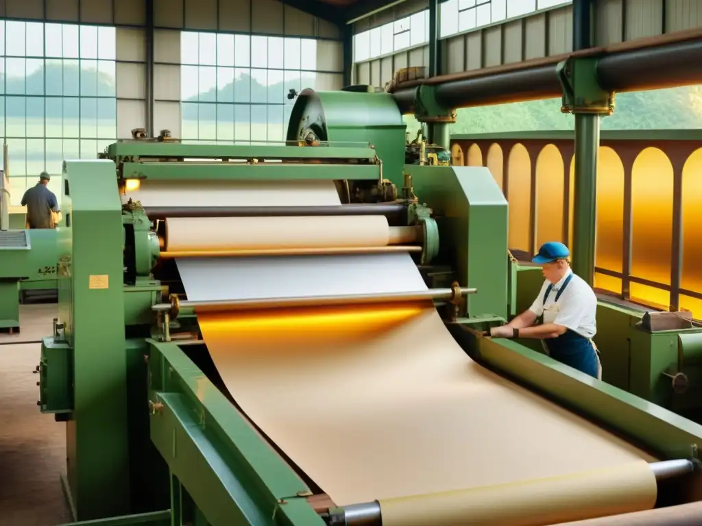 Trabajadores en una antigua fábrica de papel reciclado, evocando la nostalgia y la economía circular